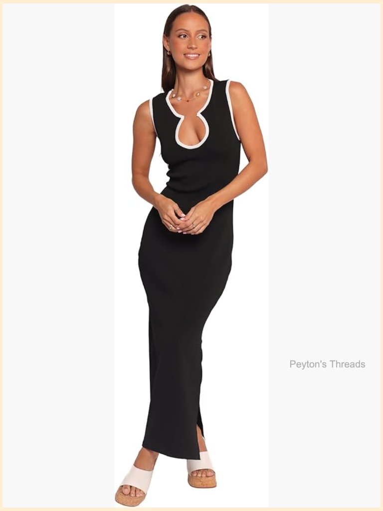 Bodycon Midi Dress With White Contrast Trim - V-Neck Sleeveless